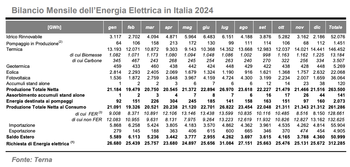 Bilancio mensile dell'energia elettrica in italia 2024